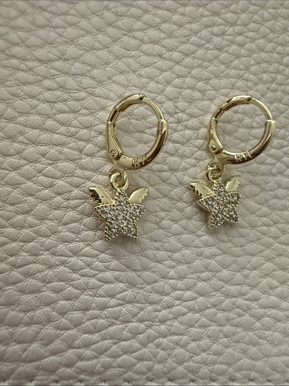 Gold Tone Pave Starflower Dangle Earrings - Huggie-style